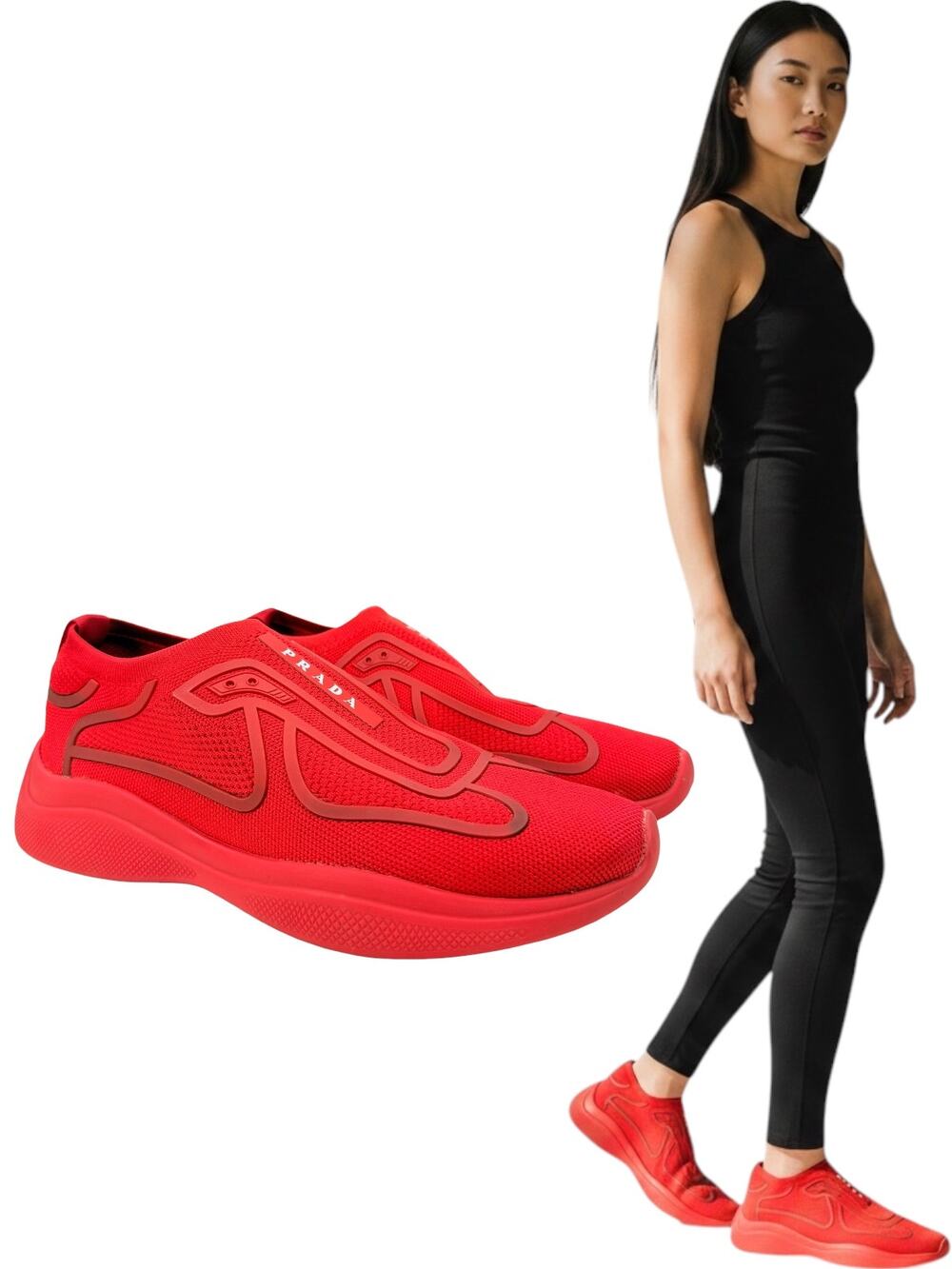 Prada Sport Knit 10 Textile Low Top Slip On Sneakers Red Size 40